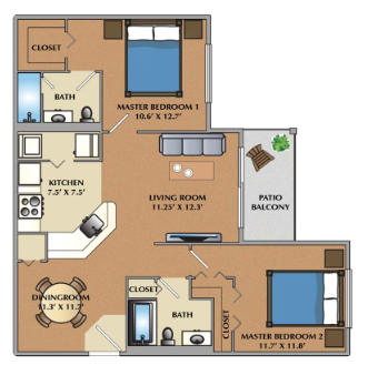 Floor plan for 2 beds, 2 baths, 1065 sqft